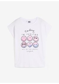bonprix - T-shirt z buźką, z czystej bawełny. Kolor: biały. Materiał: bawełna. Wzór: nadruk #1