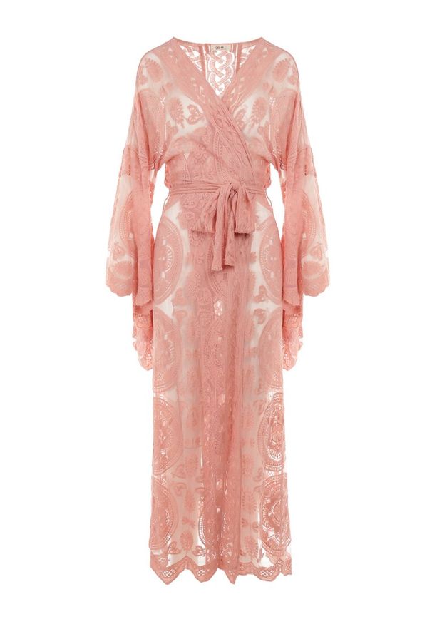 Born2be - Różowa Narzutka Onen. Okazja: na plażę. Typ kołnierza: dekolt w serek. Kolor: różowy. Materiał: koronka, tkanina, materiał. Długość: długie. Wzór: haft. Styl: wakacyjny