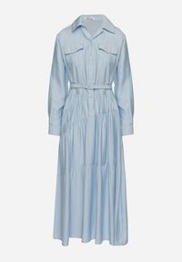 Born2be - Niebieska Wiskozowa Sukienka Ozdobiona Paskiem i Guzikami Ronitte. Okazja: na co dzień. Kolor: niebieski. Materiał: wiskoza. Wzór: aplikacja. Sezon: wiosna, lato. Styl: elegancki, casual, klasyczny #4