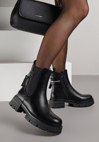 Born2be - Czarne Botki Sztyblety na Grubej Podeszwie z Ozdobą Refana. Okazja: na co dzień. Kolor: czarny. Materiał: jeans. Wzór: aplikacja. Styl: casual, klasyczny, elegancki #3