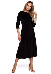 MOE - Czarna Welurowa Sukienka z Ozdobnym Marszczeniem na Rękawach. Kolor: czarny. Materiał: welur #1