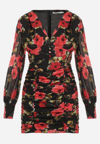 Born2be - Czarna Sukienka Dopasowana z Marszczeniem Kassissa. Kolor: czarny. Materiał: tkanina. Wzór: aplikacja, kwiaty. Styl: boho. Długość: mini #5