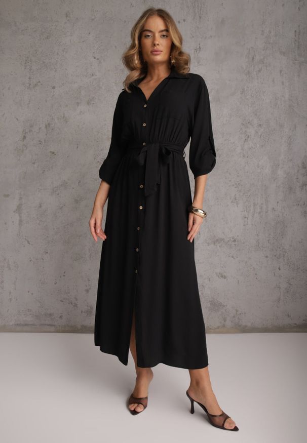 Renee - Czarna Koszulowa Sukienka Utility z Bawełny z Wiązanym Paskiem w Talii Retona. Okazja: na co dzień. Kolor: czarny. Materiał: bawełna. Sezon: lato. Typ sukienki: koszulowe. Styl: boho, glamour, casual