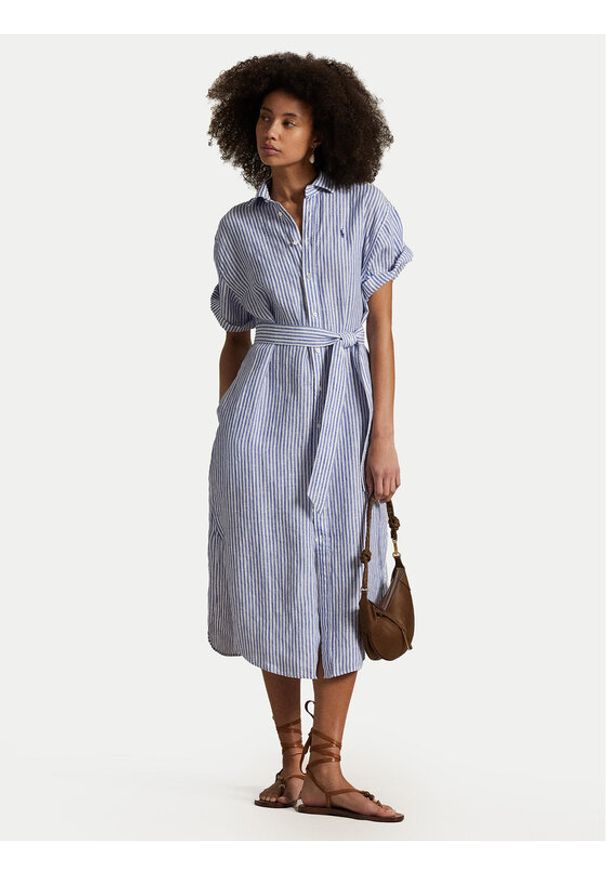 Polo Ralph Lauren Sukienka koszulowa 211965843002 Niebieski Regular Fit. Typ kołnierza: polo. Kolor: niebieski. Materiał: len. Typ sukienki: koszulowe