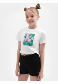 4f - T-shirt crop top z nadrukiem dziewczęcy. Kolor: biały. Materiał: bawełna. Wzór: nadruk