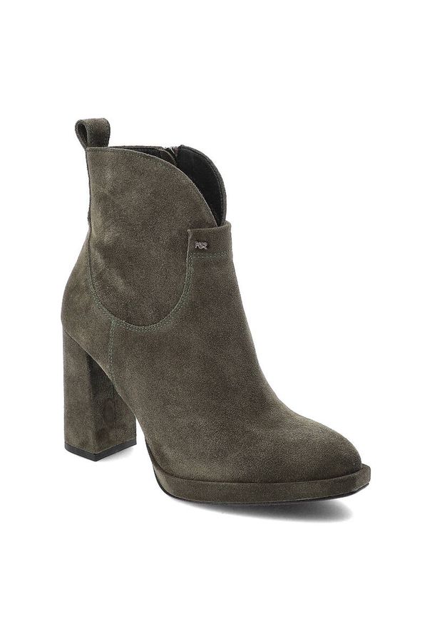 Zielone Botki Karino Modne Buty Damskie. Okazja: na co dzień. Kolor: zielony. Materiał: welur, skóra, materiał, syntetyk, futro. Wzór: aplikacja. Sezon: zima, jesień. Obcas: na obcasie. Styl: casual, klasyczny, elegancki. Wysokość obcasa: średni