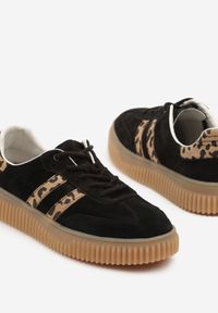 Renee - Czarne Zamszowe Sneakersy w Stylu Kultowych Tenisówek ze Skórzaną Wkładką i Wzorem w Panterkę Tenannia. Okazja: na co dzień. Kolor: czarny. Materiał: zamsz, skóra. Wzór: motyw zwierzęcy #3