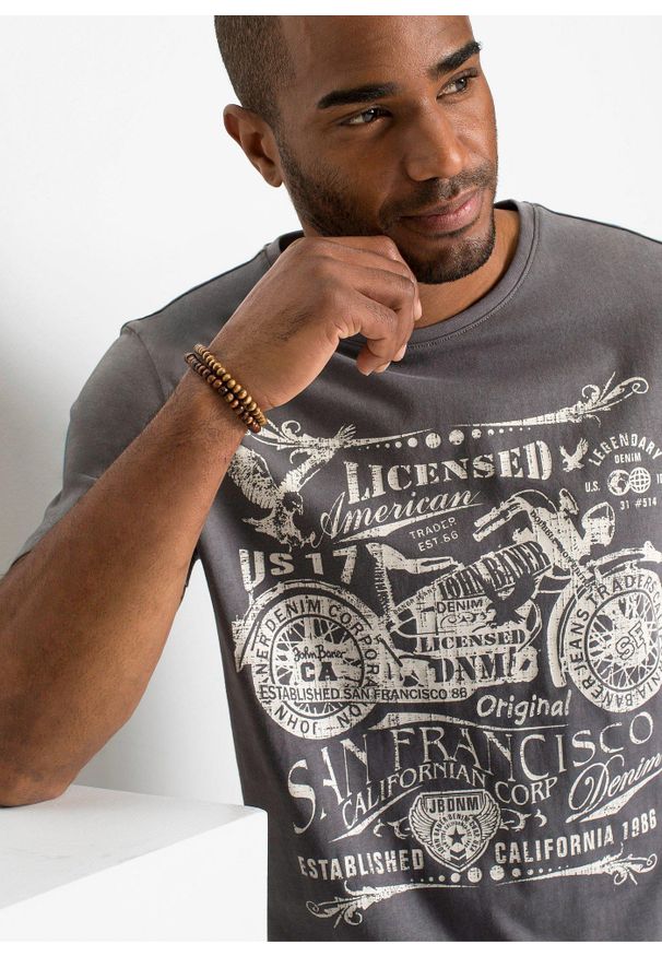 bonprix - T-shirt z czystej bawełny. Okazja: na co dzień. Kolor: szary. Materiał: bawełna. Wzór: nadruk. Styl: casual
