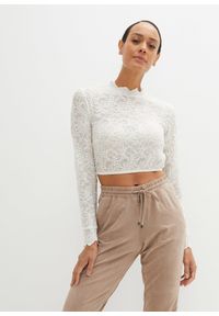 bonprix - Krótka bluzka koronkowa w ludowym stylu, długi rękaw. Kolor: biały. Materiał: koronka. Długość rękawa: długi rękaw. Długość: krótkie. Wzór: koronka #1