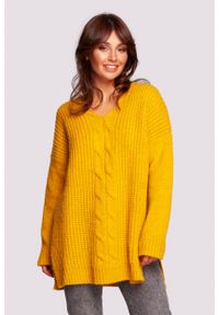 MOE - Długi Sweter z Rozcięciami po Bokach - Miodowy. Kolor: pomarańczowy. Materiał: wełna, poliester, akryl, poliamid. Długość: długie #1