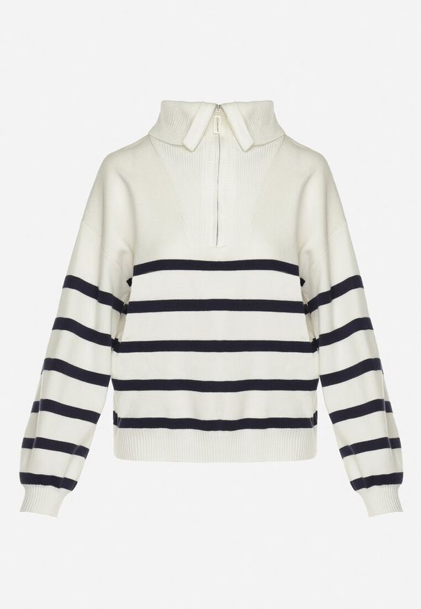 Born2be - Biało-Granatowy Golf Sweter Zapinany na Suwak w Paski Sakine. Typ kołnierza: golf. Kolor: biały. Wzór: paski