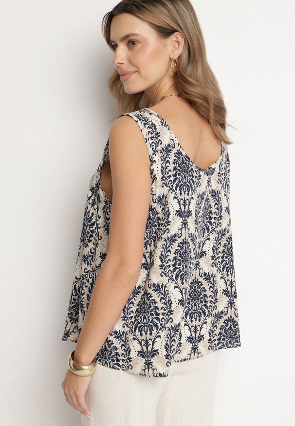 Born2be - Niebieska Bluzka z Bawełny ze Wzorem Boho Napolea. Kolor: niebieski. Materiał: bawełna. Styl: boho