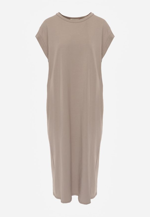 Renee - Ciemnobeżowa Sukienka T-shirtowa z Krótkimi Szerokimi Rękawami Arisea. Okazja: na spotkanie biznesowe. Kolor: beżowy. Długość rękawa: krótki rękaw. Sezon: wiosna, lato. Typ sukienki: proste. Styl: elegancki, biznesowy