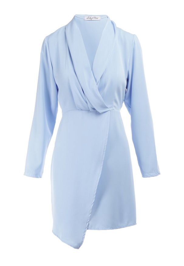 Born2be - Niebieska Sukienka Tryphala. Typ kołnierza: dekolt w kształcie V. Kolor: niebieski. Materiał: tkanina. Długość rękawa: długi rękaw. Wzór: jednolity, gładki, aplikacja. Typ sukienki: kopertowe. Styl: klasyczny. Długość: mini