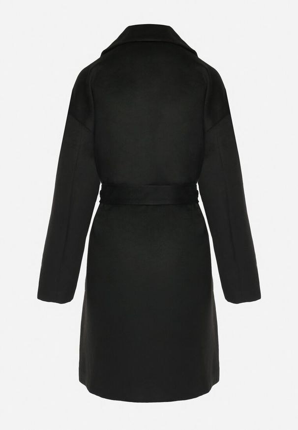 Born2be - Czarny Klasyczny Płaszcz z Paskiem w Talii Elwari. Kolor: czarny. Materiał: skóra. Styl: klasyczny