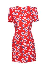 MOE - Elegancka sukienka trapezowa mini czerwona. Typ kołnierza: typu klepsydra. Kolor: pomarańczowy, czerwony. Materiał: tkanina. Długość rękawa: krótki rękaw. Wzór: nadruk. Typ sukienki: trapezowe. Styl: elegancki. Długość: mini