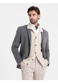 Ombre Clothing - Elegancka dopasowana marynarka męska ze strukturalnej dzianiny – grafitowa V3 - Rozmiar: XXL. Kolor: szary. Materiał: dzianina. Wzór: melanż, aplikacja. Styl: elegancki #1