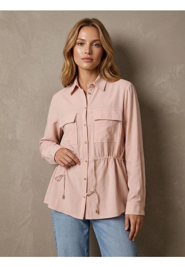 Sinsay - Koszula z kieszeniami cargo i wiązaniem w talii - beżowy. Kolor: beżowy