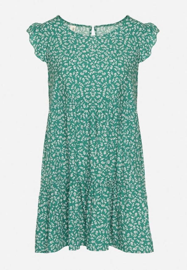 Born2be - Zielona Bawełniana Sukienka o Rozkloszowanym Kroju z Falbanką Anettes. Kolor: zielony. Materiał: bawełna. Długość rękawa: krótki rękaw. Typ sukienki: rozkloszowane. Styl: klasyczny