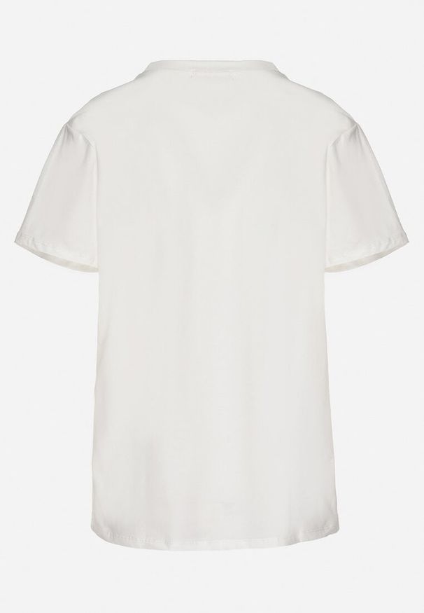 Born2be - Biały T-shirt z Bawełny Ozdobiony Napisem i Cyrkoniami Olireth. Okazja: na co dzień. Kolor: biały. Materiał: bawełna. Wzór: aplikacja, napisy. Styl: elegancki, casual