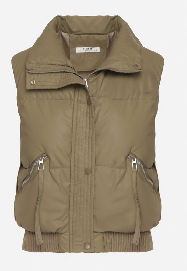 Born2be - Zielona Pikowana Kamizelka Przejściowa z Imitacji Skóry Isokira. Okazja: na co dzień. Typ kołnierza: kaptur. Kolor: zielony. Materiał: skóra. Wzór: aplikacja. Styl: casual