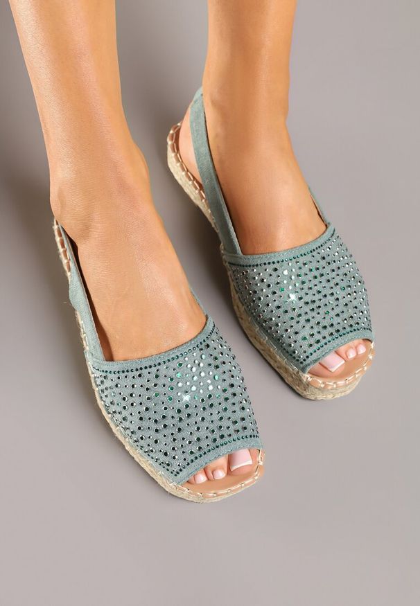 Renee - Niebieskie Sandały w Stylu Espadryli z Cyrkoniami na Podeszwie z Plecionki Neorwena. Okazja: na co dzień, na imprezę. Zapięcie: pasek. Kolor: niebieski. Wzór: aplikacja. Sezon: lato. Styl: casual, elegancki