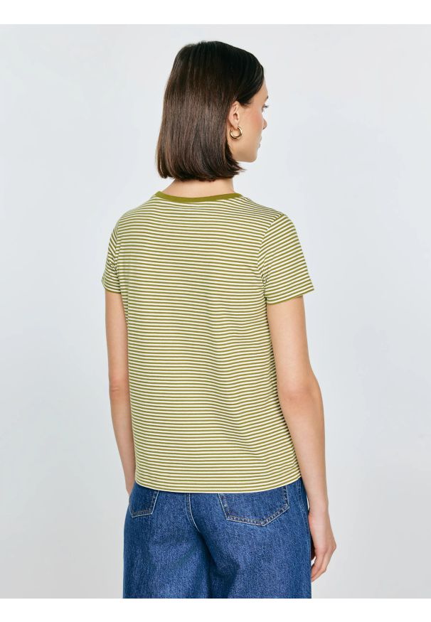 Big-Star - Koszulka damska w paski z haftem zielona Zenaisa 301. Okazja: na co dzień. Kolor: zielony. Materiał: dzianina, materiał, bawełna, jeans. Długość rękawa: krótki rękaw. Długość: krótkie. Wzór: haft, paski. Styl: casual, klasyczny, retro, elegancki
