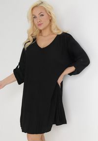 Born2be - Czarna Rozkloszowana Sukienka Mini z Plisowaniem Telesi. Kolekcja: plus size. Kolor: czarny. Długość rękawa: długi rękaw. Typ sukienki: dla puszystych. Długość: mini #5