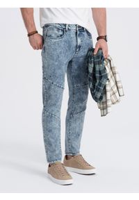 Ombre Clothing - Spodnie męskie jeansowe slim fit z przeszyciem na kolanach - niebieskie V1 - Rozmiar: XL. Kolor: niebieski. Materiał: jeans. Wzór: aplikacja
