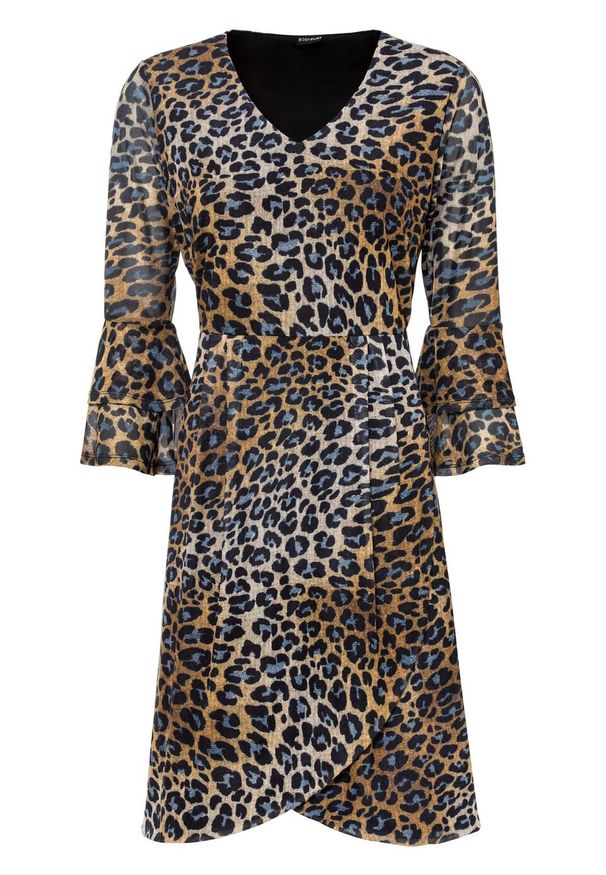 Sukienka kopertowa w cętki leoparda bonprix beżowo-brązowo-szary leo. Kolor: szary. Typ sukienki: kopertowe