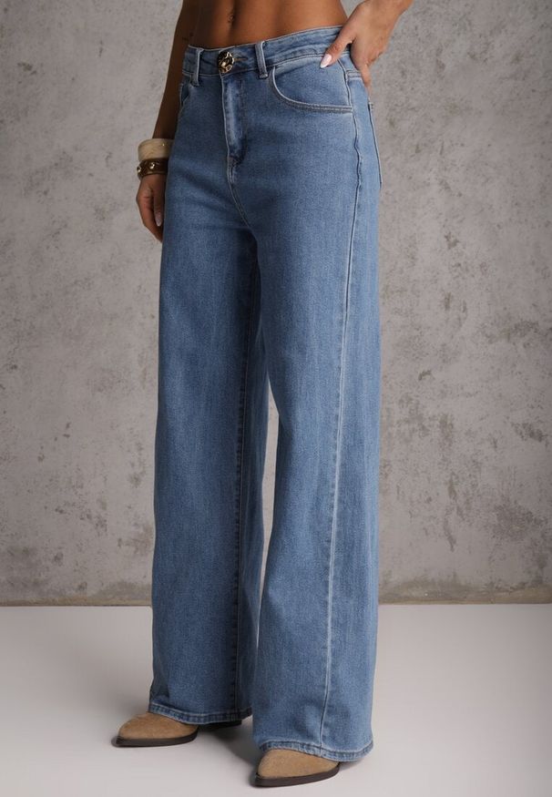 Renee - Niebieski Jeansowy Komplet z Bawełny Wide Leg Jeans i Kamizelka na Guziki Noena. Kolor: niebieski. Materiał: bawełna, jeans