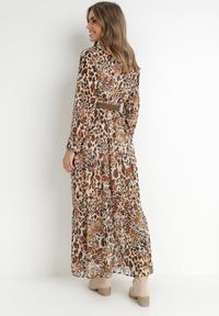 Born2be - Brązowo-Beżowa Sukienka Z Paskiem Phaenala. Kolor: brązowy. Materiał: zamsz. Wzór: motyw zwierzęcy, nadruk. Styl: klasyczny. Długość: maxi #5