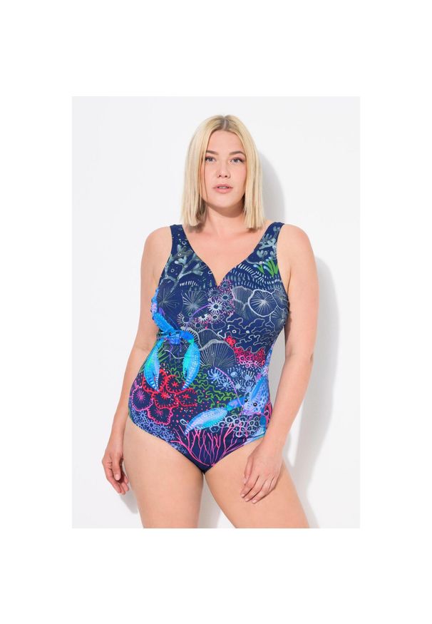 ULLA POPKEN - Damski Kostium kąpielowy homary dekolt w serce miękkie miseczki. Kolekcja: plus size. Kolor: niebieski. Materiał: poliester, elastan, poliamid, materiał