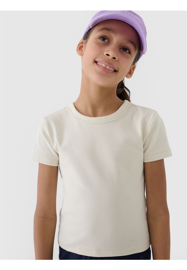 4f - 4F T-shirt slim crop top gładki dziewczęcy - beżowy 134 (8-9 lat). Okazja: na co dzień. Kolor: beżowy. Materiał: dzianina, bawełna, materiał, elastan. Długość rękawa: krótki rękaw. Długość: krótkie. Wzór: gładki. Sezon: lato. Styl: casual, sportowy