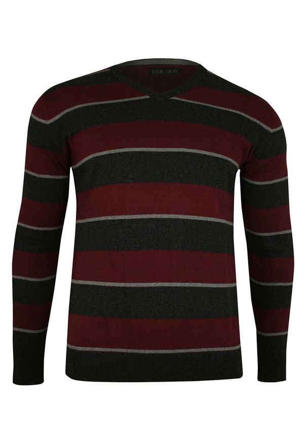 Elkjaer - Sweter Popielato-Buraczkowy, Męski w Serek Dekolt V-Neck, Bawełniany, w Paski, Prążki SWKNGS2437antracyt. Okazja: do pracy, na co dzień, na spotkanie biznesowe. Typ kołnierza: dekolt w serek. Kolor: czerwony. Materiał: bawełna. Wzór: paski, prążki. Styl: klasyczny, biznesowy, elegancki, casual