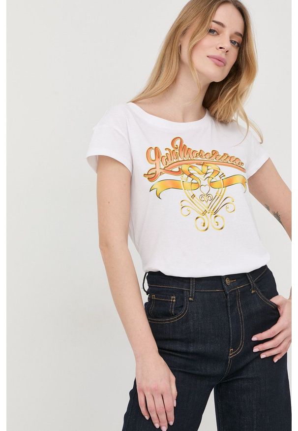Love Moschino t-shirt bawełniany kolor biały. Okazja: na co dzień. Kolor: biały. Materiał: bawełna. Długość rękawa: krótki rękaw. Długość: krótkie. Styl: casual