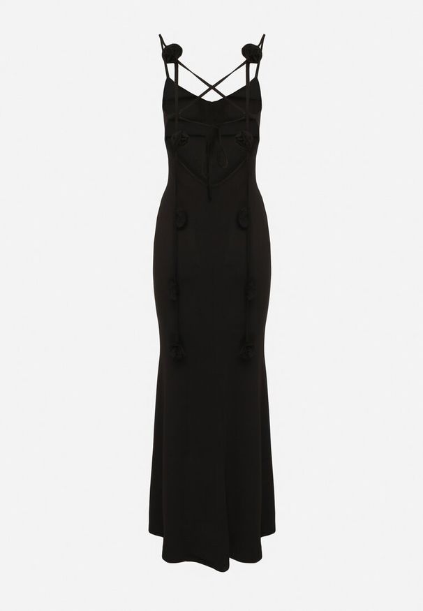 Born2be - Czarna Sukienka Bodycon Wiązana na Plecach na Sznurki z Kwiatkami Crivia. Kolor: czarny. Materiał: jeans. Wzór: kwiaty. Typ sukienki: bodycon. Styl: klasyczny