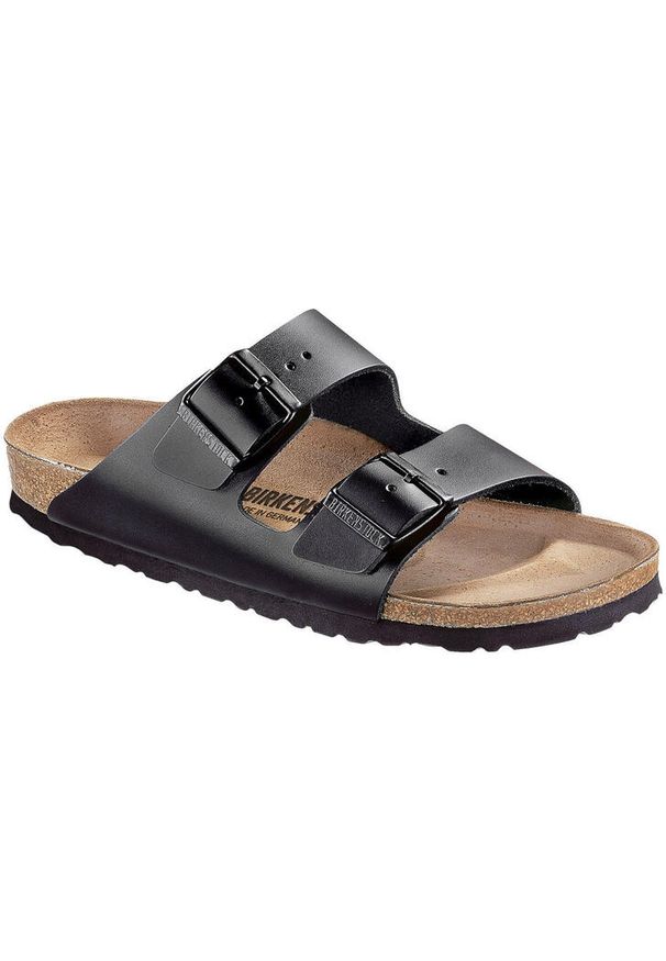 Klapki męskie Birkenstock Arizona Leder. Zapięcie: bez zapięcia. Kolor: czarny. Materiał: syntetyk, materiał. Szerokość cholewki: normalna. Sport: turystyka piesza