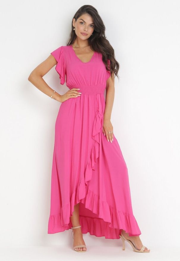 Born2be - Fuksjowa Wiskozowa Sukienka z Kopertowym Dołem i Dekoltem Lail. Kolor: różowy. Materiał: wiskoza. Typ sukienki: kopertowe