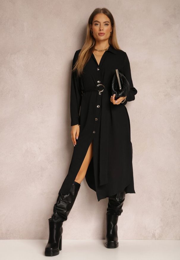 Renee - Czarna Sukienka Koszulowa z Paskiem Vartivar. Kolor: czarny. Materiał: materiał. Długość rękawa: długi rękaw. Typ sukienki: koszulowe. Styl: elegancki, klasyczny. Długość: midi
