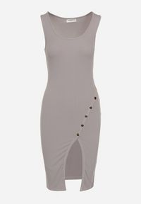 Born2be - Szara Dopasowana Sukienka Bez Rękawów z Elastycznej Bawełny z Ozdobnymi Nitami Zimelia. Kolor: szary. Materiał: bawełna. Długość rękawa: bez rękawów. Typ sukienki: dopasowane #4