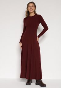 Born2be - Bordowa Bawełniana Sukienka o Rozkloszowanym Kroju Tuselenea. Okazja: na co dzień. Kolor: czerwony. Materiał: bawełna. Typ sukienki: proste. Styl: casual, elegancki #2