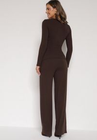 Born2be - Brązowy Bawełniany Komplet Kopertowa Bluzka z Długim Rękawem i Spodnie Ferenna. Kolor: brązowy. Materiał: bawełna #6