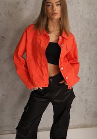 Renee - Pomarańczowa Jeansowa Kurtka z Bawełny Perilopei. Okazja: na co dzień. Kolekcja: plus size. Kolor: pomarańczowy. Materiał: bawełna, jeans. Styl: casual #1
