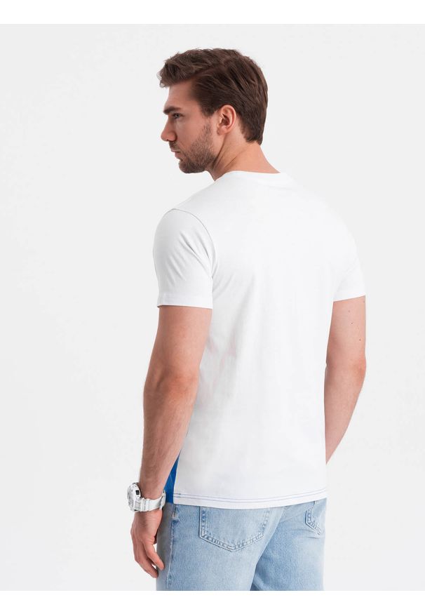 Ombre Clothing - T-shirt męski trójkolorowy bawełniany - biało-niebieski V4 OM-TSCT-0174 - XXL. Okazja: na co dzień. Kolor: niebieski. Materiał: bawełna. Wzór: geometria. Styl: klasyczny, casual