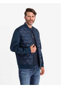 Ombre Clothing - Kurtka męska bomberka z pikowanym wzorem – granatowa V2 - Rozmiar: XL. Typ kołnierza: kołnierzyk stójkowy. Kolor: niebieski. Materiał: syntetyk, poliester, materiał. Wzór: aplikacja, nadruk. Styl: sportowy, elegancki
