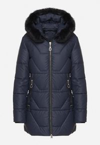 Born2be - Granatowa Taliowana Kurtka Pikowana z Kapturem z Futrem Nalaseva. Okazja: na co dzień. Typ kołnierza: kaptur. Kolor: niebieski. Materiał: futro. Sezon: zima. Styl: casual, elegancki #6