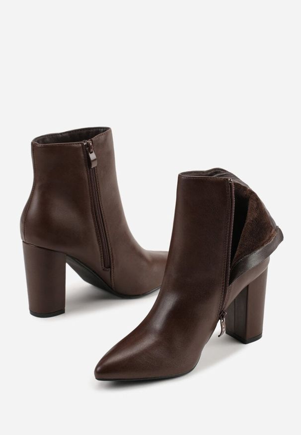 Born2be - Brązowe Eleganckie Botki do Kostki na Słupkowym Obcasie Tevitta. Nosek buta: szpiczasty. Zapięcie: zamek. Kolor: brązowy. Materiał: koronka, dzianina, skóra. Sezon: zima, jesień. Obcas: na obcasie. Styl: elegancki. Wysokość obcasa: średni