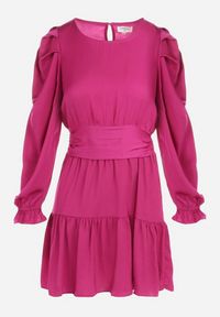 Born2be - Fioletowa Sukienka Taliowana z Falbanami Klasino. Kolor: fioletowy. Materiał: zamsz. Wzór: aplikacja. Długość: mini #6