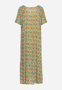 Born2be - Zielono-Pomarańczowa Sukienka Rozkloszowana z Mozaikowym Wzorem z Wiskozy Kaliane. Kolor: brązowy. Materiał: wiskoza. Sezon: lato